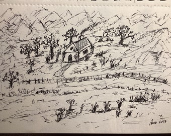 Dibujo original con pluma estilográfica - Granja rural (2023 Firmado y fechado)