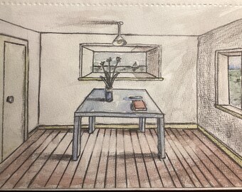 Dessin original au crayon - Chambre avec table (2023 signé et daté)