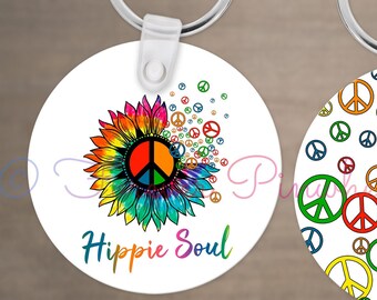 Llavero con diseño de girasol teñido anudado y símbolo de la paz (corazón, óvalo, redondo, rectangular o cuadrado)