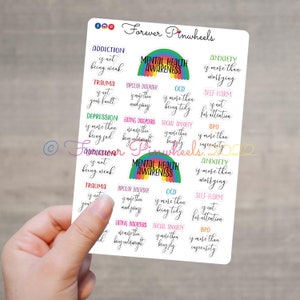 Feuille d'autocollants colorés sur la santé mentale - Stickers pour agenda et ordinateur portable - Sensibilisation et soutien à la santé mentale