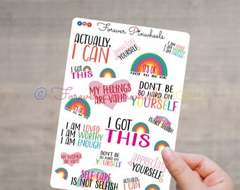 Hoja de pegatinas de positividad: pegatinas para planificador de salud mental y autocuidado