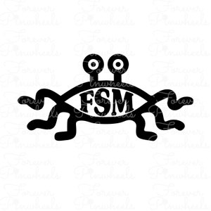 May include: Black and white illustration of a creature with a large eye and the letters "FSM" inside the eye. The creature has two antennae and multiple tentacles.