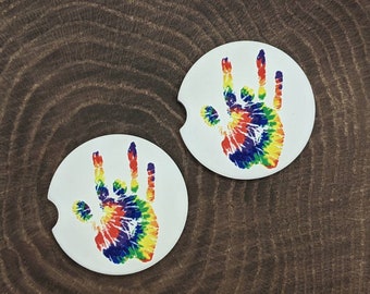 Jerry Garcia Tie Dye Handprint on Round Car Coasters Grateful Dead Gift Idea