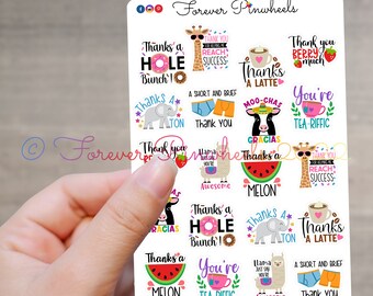 Hoja de pegatinas con juegos de palabras de agradecimiento, etiquetas para embalaje de pequeñas empresas