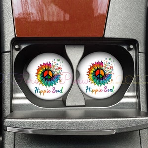 Hippie Soul Tie Dye Sunflower with Peace Sign on Car Coasters