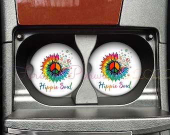 Posavasos para coche con diseño de girasoles teñidos con alma hippie / Juego de portavasos con símbolo de la paz bohemio