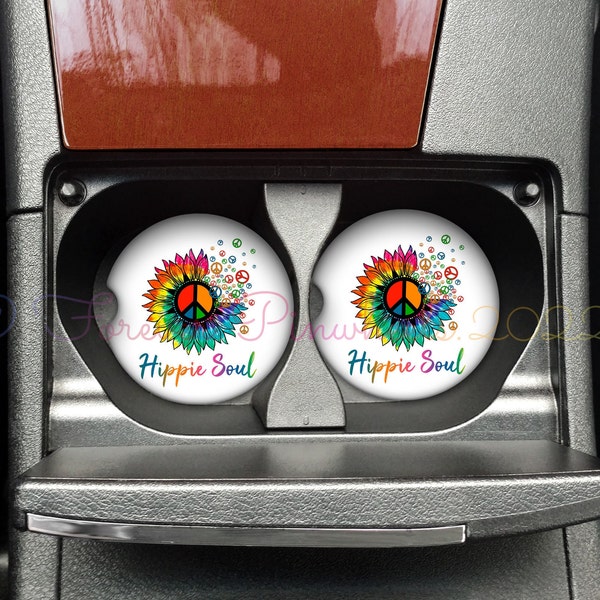 Hippie Soul Tie Dye Sunflower with Peace Sign on Car Coasters