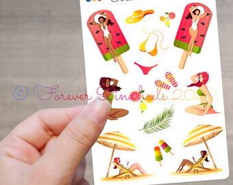 Hoja de pegatinas con temática de chica de playa