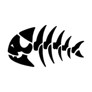 May include: Black and white silhouette of a fish skeleton with a menacing expression.