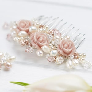 Flora Wedding Comb, Swarovski crystal , freshwater pearl, blush pink wedding hair accessories, bridal comb, bridesmaids comb, hair piece