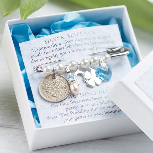 Braut Pin, Hochzeit Pin, Braut Anstecknadel, Anstecknadel, Brautgeschenk, Lucky Sixpence, Brautparty, Silver Sixpence, Something Blue, Sixpence Geschenk für Braut