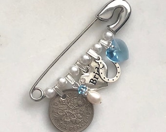 Bridal Pin, Something Old, something blue, lucky sixpence, Bridal Gift, Bride Gift, Silver Sixpence, Gift for Bride, Something Blue,