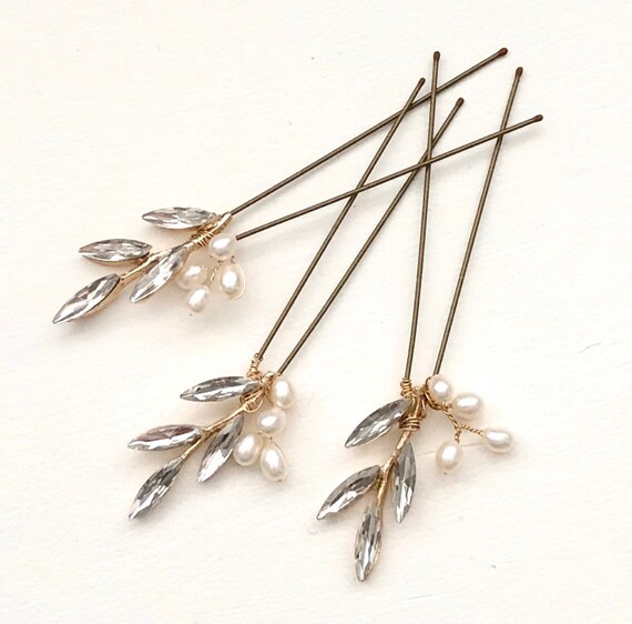 Crystal Pearl Wedding Hair Pins - Gold Leaf Bridal Hair  display picture 3