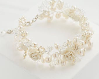 Cuff Bracelet Swarovski Crystals, Freshwater Pearls and Ivory Roses Wedding