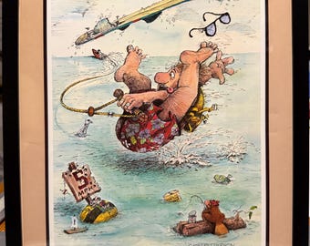 Vintage Gary Patterson Cartoon Print – "Hit It" Framed Water Ski Art