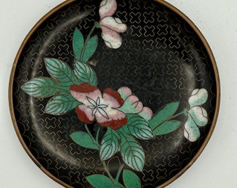 Vintage Chinese Cloisonné Plate – Black with Geometric Pattern & Dark Red Flower