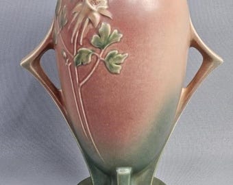 RARE: 12" Roseville Pottery Columbine Handled Vase Vintage Ceramic Art Deco Pristine Condition