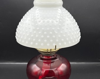Vintage Red Glass Oil Lamp White Hobnail Shade Hurricane Lamp Farmhouse Decor NEW