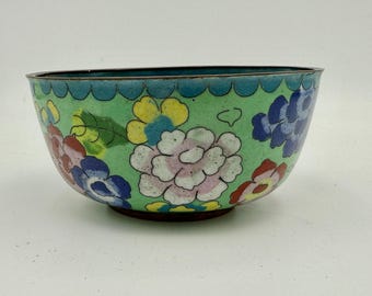 Antique Chinese Cloisonné Bowl – Ten Flowers Design – Verdigris Green Exterior with Turquoise Interior