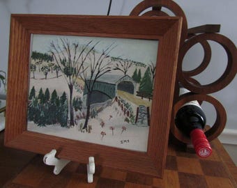 Small Framed Covered Bridge Landscape Painting  by IMS Vintage Nature Wall Art Michigan in Winter