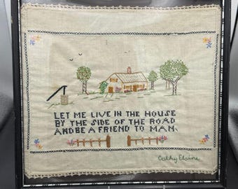 Live in House on Side of Road Framed Cross Stitch Signed Vintage Folk Art Wall Decor
