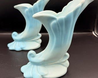 Vintage Weller Pottery Cornucopia Vases | Matte Blue Cameo Pair