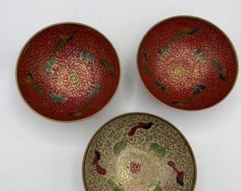 Vintage Enesco Enameled Brass Bowl India Peacock Scalloped Pedestal