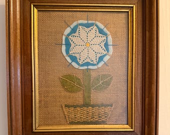 Vintage Mixed Media Textile Wall Art | Crocheted Doily Flower | Embroidered Floral Cottage Farmhouse Decor