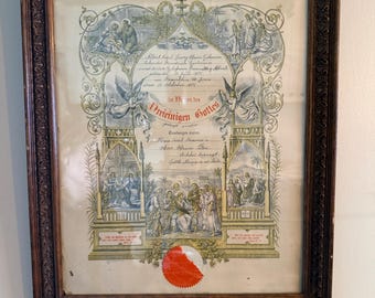 Antique 1908 German Baptism Certificate – Gold Gilded Frame, Iowa History