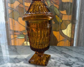 Brown Indiana Glass Lidded Candy Dish Amber Vintage Apothecary Jar
