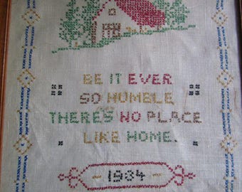 Antique 1934 Be It Ever So Humble Vintage Linen Cross Stitch Framed Wall Art