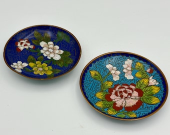 Cloisonné Plates – Cobalt and Turquoise Backgrounds, Peonies, Gold Trim, Geometric Inlay – Set of 2