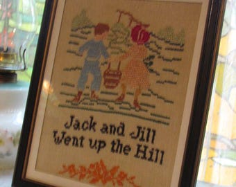 Jack and Jill Framed Cross Stitch Embroidery Sweet Vintage Nursery Wall Art  10" x 12"