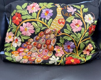 Hand-Embroidered Peacock Pillow Cover • Colorful Bohemian Decorative Throw • Vintage-Style Home Decor