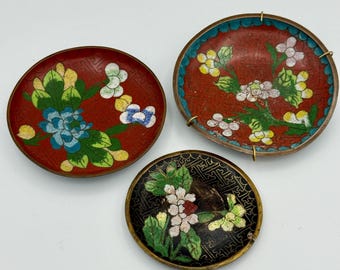 Vintage Cloisonné Plates – Set of 3 - Some damage -Dark Red, Black with Flowers & Inlay