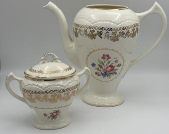 Vintage Stetson “American Beauty” Teapot & Sugar Bowl • 1940s Floral China • 22K Gold Trim
