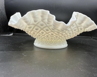 Vintage Fenton Milk Glass Hobnail Ruffled Edge Large Candle Holder 10.5” wide