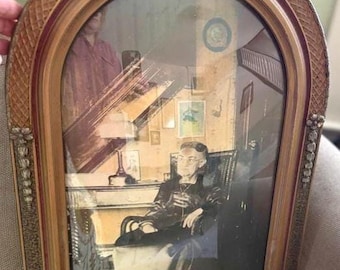 Antique Family Matriarch in Bubble Glass Antique Wood Frame 1880s Unique Photo of Old Lady Wall Decor