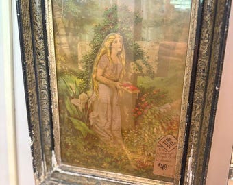 1878 Antique Framed Print - Woman Garden with Cross Lithograph Wood Frame Print