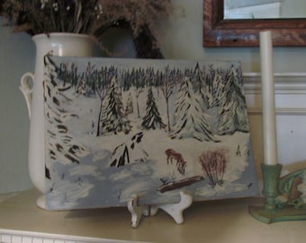 Original Ilene Shaw Deer Landscape Canvas Acrylic Painting Vintage Michigan Nature Art