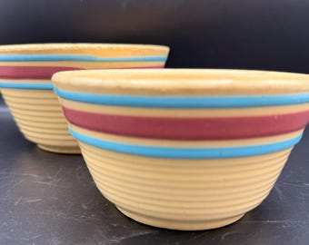 Vintage 1940s Watt Pottery Nesting Mixing Bowls | Yellow Ware with Rose & Blue Bands