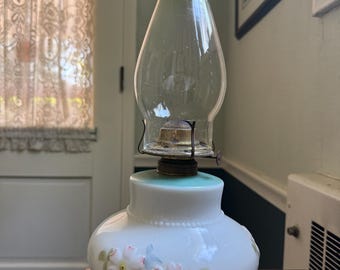 Antique Milk Glass Oil Lamp with Green Chimney Hand Painted Embossed Floral Vintage Victorian Decor  Lamp Circa 1890s