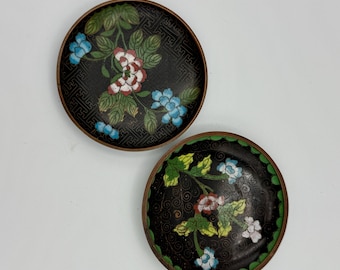 Vintage Cloisonné Plates – Black with Blue and White Flowers – Cloud Swirl Inlay – Set of 2