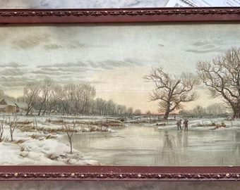 W.C. Bauer Ice Fishing Print Antique Framed Winter Landscape Wall Art