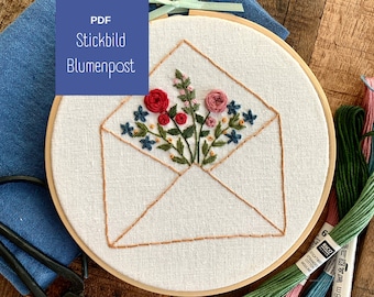 Stickbild/Stickvorlage/Stickmuster "Blumenpost" zum digitalen Download (pdf) - Briefumschlag mit Blumen