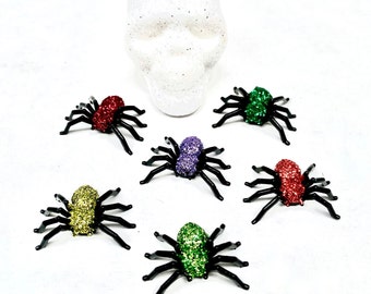 Miniature Glittered Plastic Spiders set of 6- Perfect Halloween Embellishments for Fake Bakes, Fairy Gardens, Crafts, Party Favors, or Decor