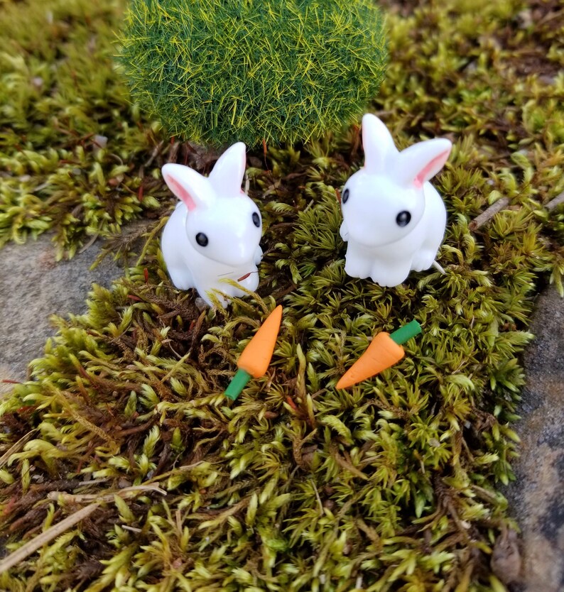Miniature Bunny Rabbits and Carrots Perfect for Fairy Gardens, Doll Houses, Dioramas, Terrariums, Easter, Spring Crafts Set of 2 image 2