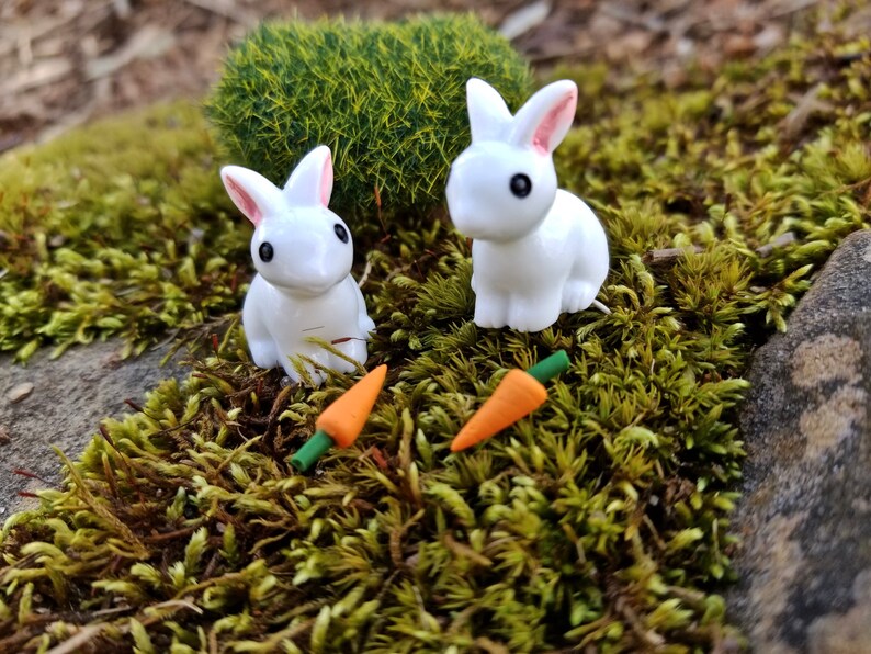 Miniature Bunny Rabbits and Carrots Perfect for Fairy Gardens, Doll Houses, Dioramas, Terrariums, Easter, Spring Crafts Set of 2 image 1