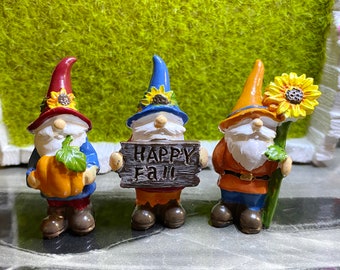 Miniature Resin Fall Garden Gnomes - Perfect for Fairy or Mini Gardens, Terrariums, Models, Doll Houses, Autumn or Halloween Crafts