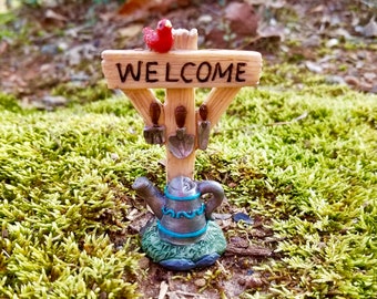 Welcome Sign Fairy Garden Decoration with Tools & Watering Can Great for miniature gardens, doll houses, terrariums, dioramas or even decor